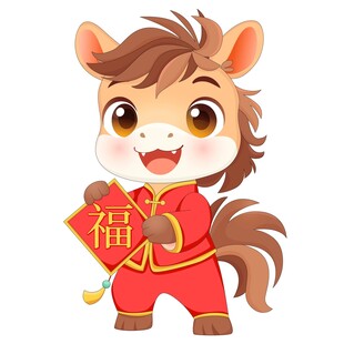 马年春节迎新拿福字小马驹插画