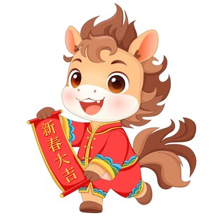 马年春节拿对联新春大吉卡通小马