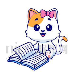 可爱猫咪专注看书