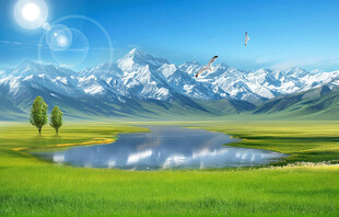 蓝天大草原雪山背景墙