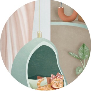 可爱猫窝中的猫咪摆件圆形挂画