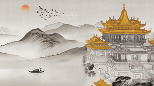 新中式山水阁楼飞鸟背景墙