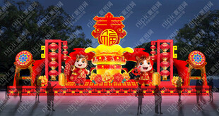 璀璨夜景中的喜庆中式灯组