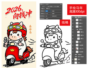 2026呆萌小马骑摩托卡通插画