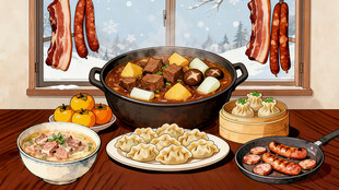 手绘廿四节气小雪美食氛围插画