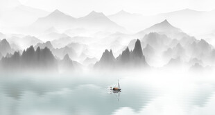 新中式水墨国画山水背景墙壁画