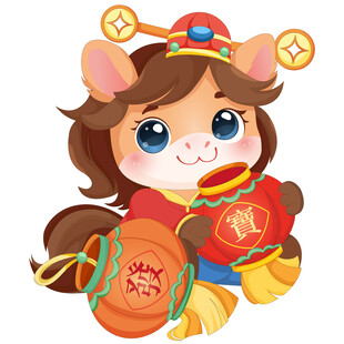 春节小马驹拿灯笼招财进宝插画