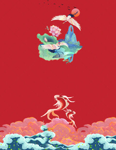 传统神话仙鹤祥云插画