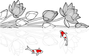 水墨风锦鲤荷花插画 矢量图