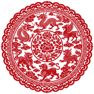 传统双龙戏珠红色剪纸