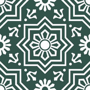 复古绿白几何花卉图案