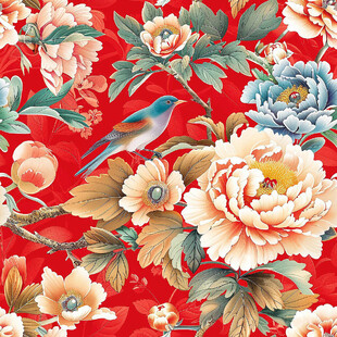 中式红底花鸟花卉图案