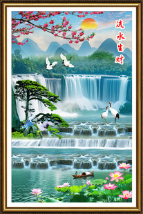 流水生财瀑布玄关山水画