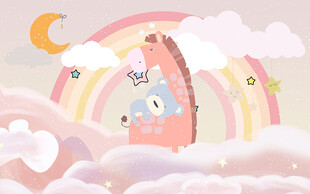 可爱长颈鹿小熊儿童房背景墙