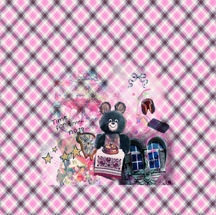 梦幻粉色系格子熊熊卡通元素拼贴
