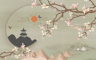 中式古风山水花鸟意境图