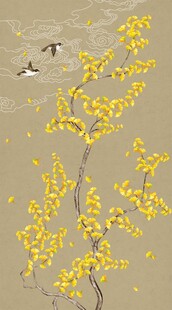新中式工笔手绘银杏祥云花鸟图