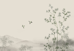 水墨山水间的飞鸟与翠竹