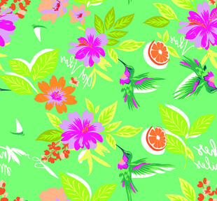 热带花卉蜂鸟图案背景