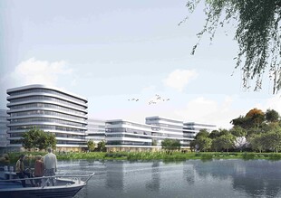 湖畔现代建筑群景观