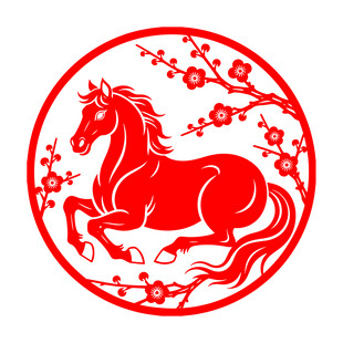 圆形红底骏马剪纸图案