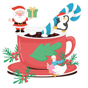 圣诞节圣诞老人小企鹅鸭子喝热饮