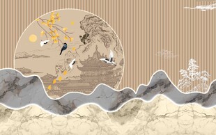 中式山水仙鹤复古风插画