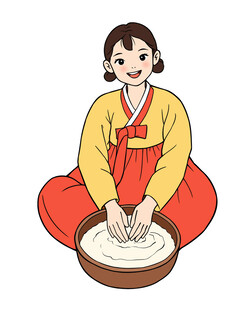 韩服女子专注制作米酒