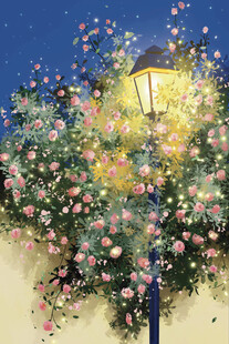 繁花簇拥下的温馨路灯