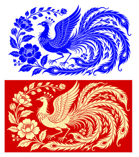 凤凰青花瓷红金图案