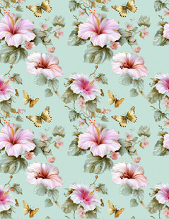 粉色扶桑花与蝴蝶图案