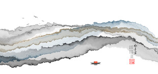 线条水墨山水画