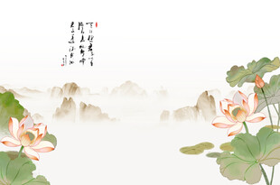 水墨荷花山水背景墙