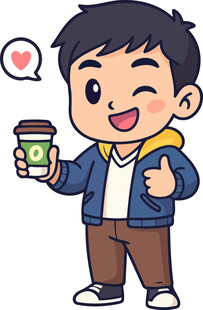 开心男孩手持咖啡竖拇指