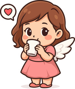 可爱带翼女孩捧杯遐想