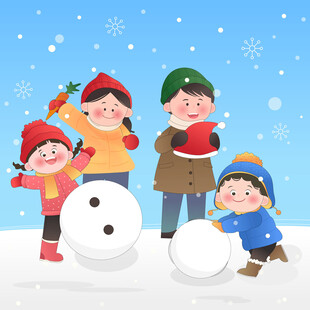 冬天下雪孩子爸爸妈妈户外堆雪人