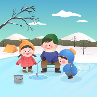 冬季雪天孩子和爸爸雪地露营冰钓