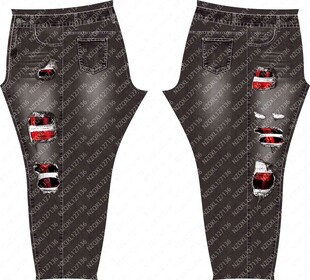 个性破洞印花牛仔长裤