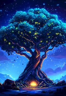梦幻星空下的发光魔法树