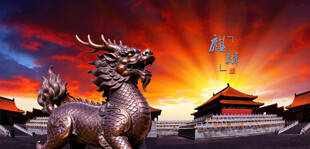 夕阳下的麒麟与中式古建筑