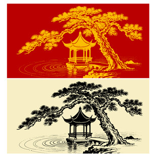 中式松亭图案设计素材