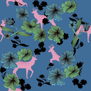 蓝底粉鹿绿叶花卉图案