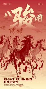 马年手绘线稿简笔画八骏图海报 