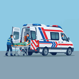 医护人员转运病人至救护车