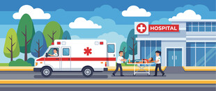 医院外的救护车与医护人员