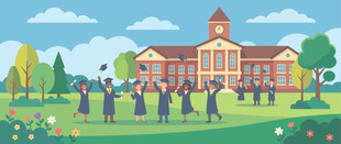 校园场景中的学生与建筑