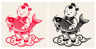 传统剪纸娃娃抱鱼图案