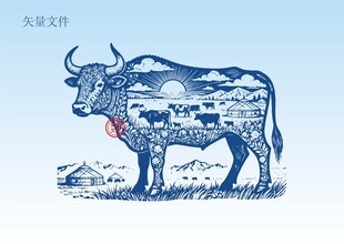 草原牛素描插画版画