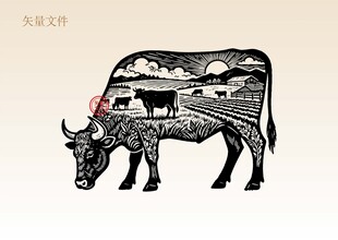 手绘牛插画版画