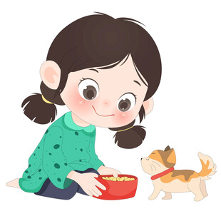 孩子开心喂猫小猫崽卡通儿童插画